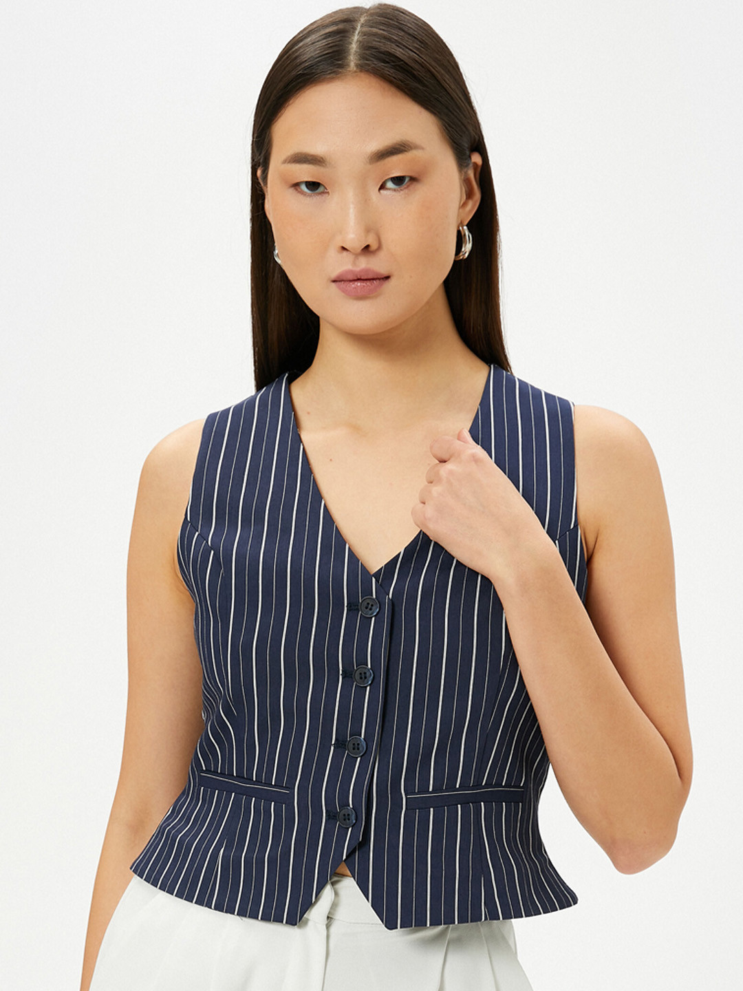 

Koton Striped V-Neck Waistcoat, Blue
