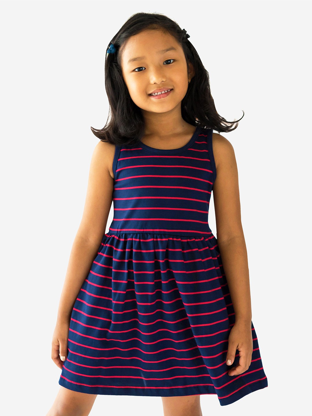 

Campana Striped Round Neck Fit & Flare Cotton Dress, Navy blue