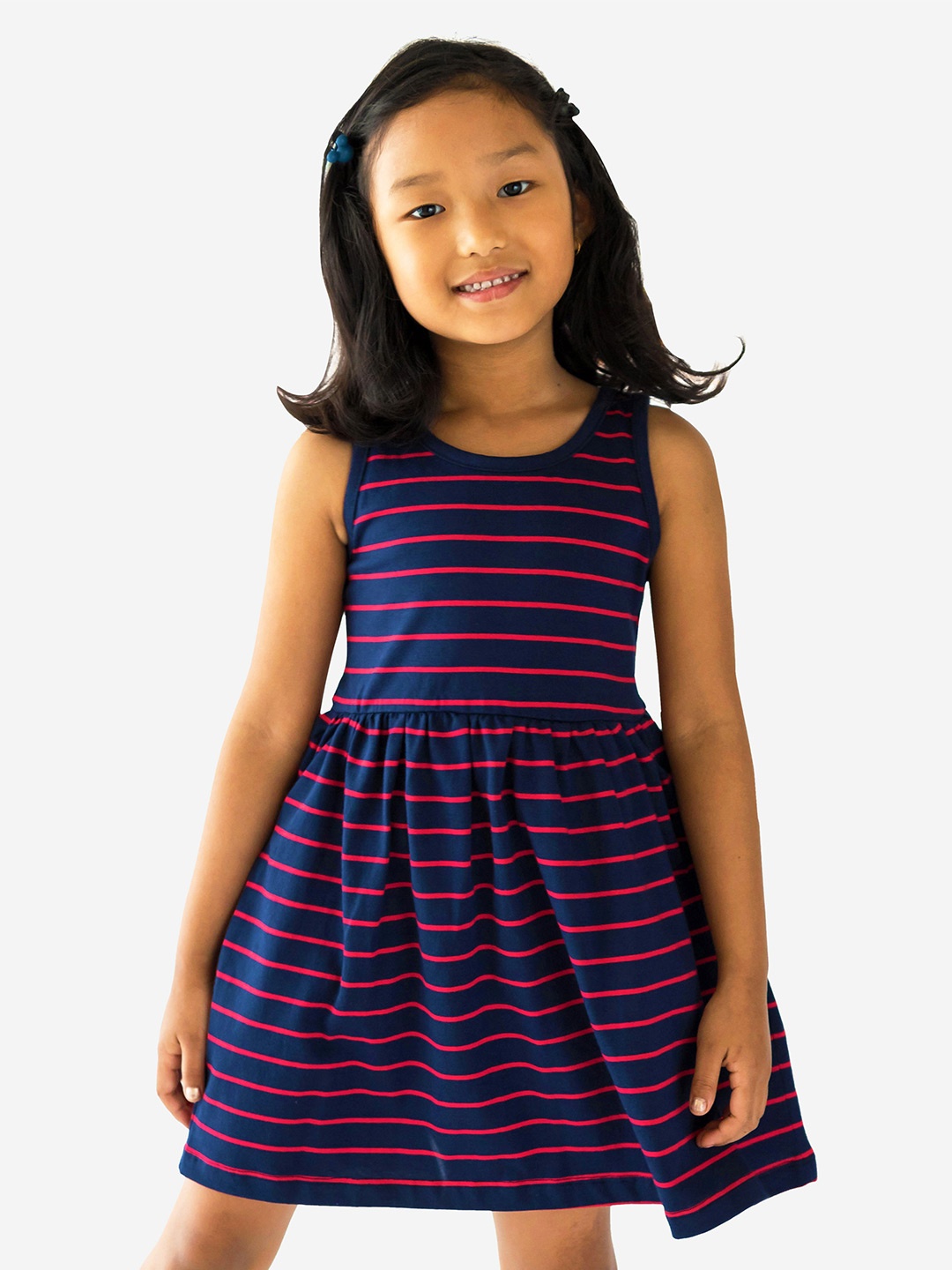 

Campana Striped Round Neck Fit & Flare Cotton Dress, Navy blue