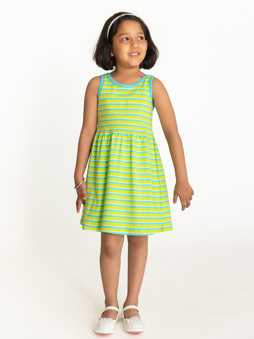 

Campana Girls Sleeveless Knee Length Fit and Flare Striped Dress, Lime green