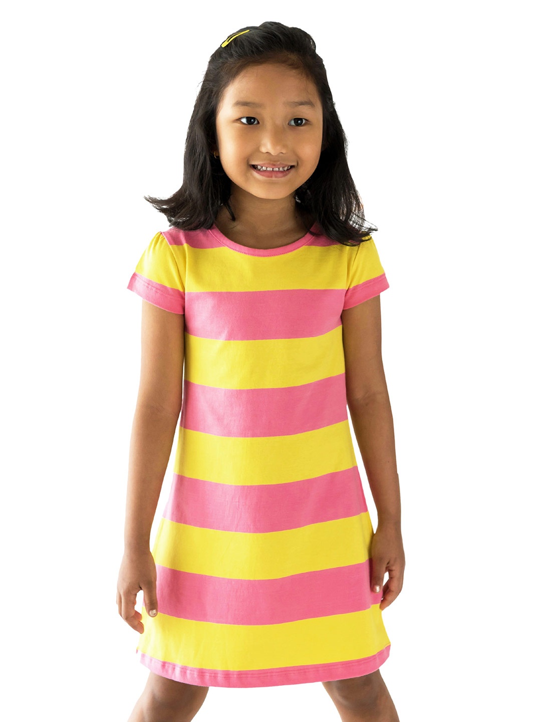 

Campana Girls Striped Short Sleeves Cotton Knee Length A-Line Dress, Pink