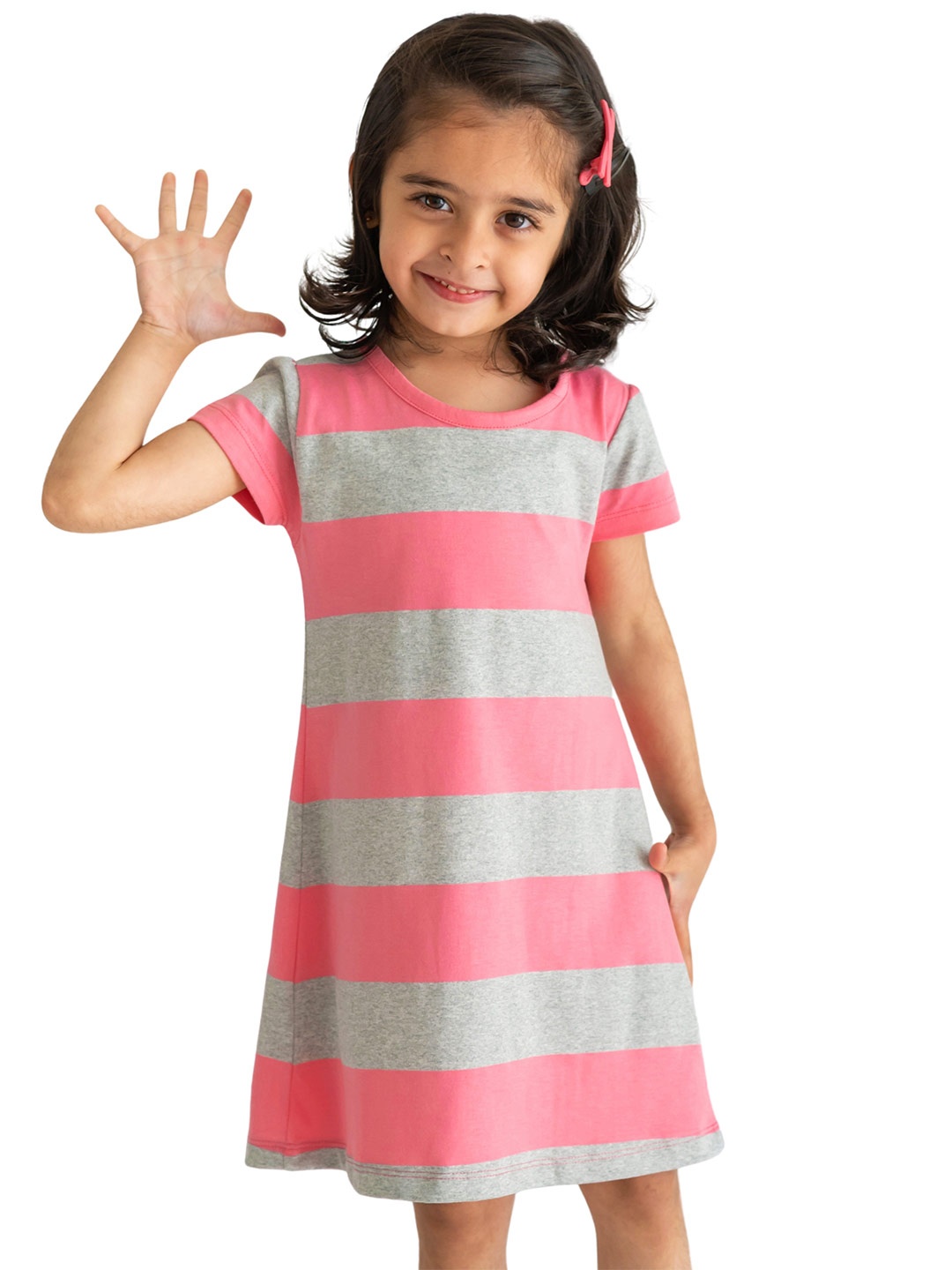 

Campana Girls Striped Cotton Short Sleeves Knee Length A-Line Dress, Pink