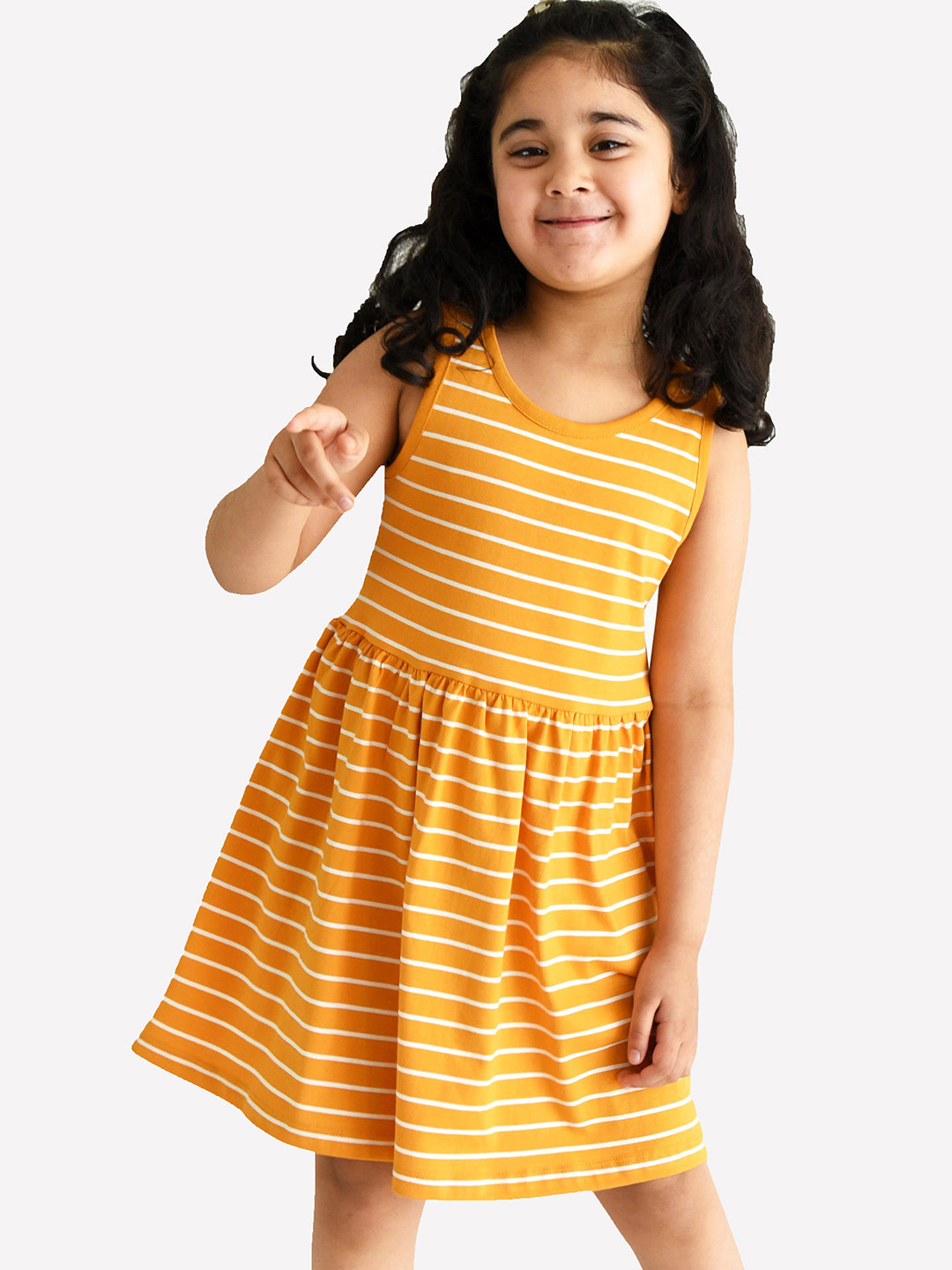

Campana Girls Cotton Sleeveless Knee Length Fit and Flare Striped Dress, Yellow