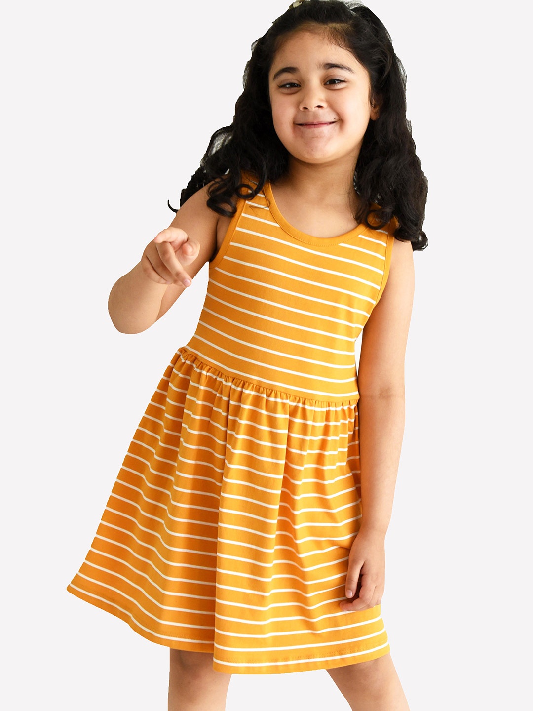 

Campana Girls Striped Round Neck Cotton Fit & Flare Dress, Yellow