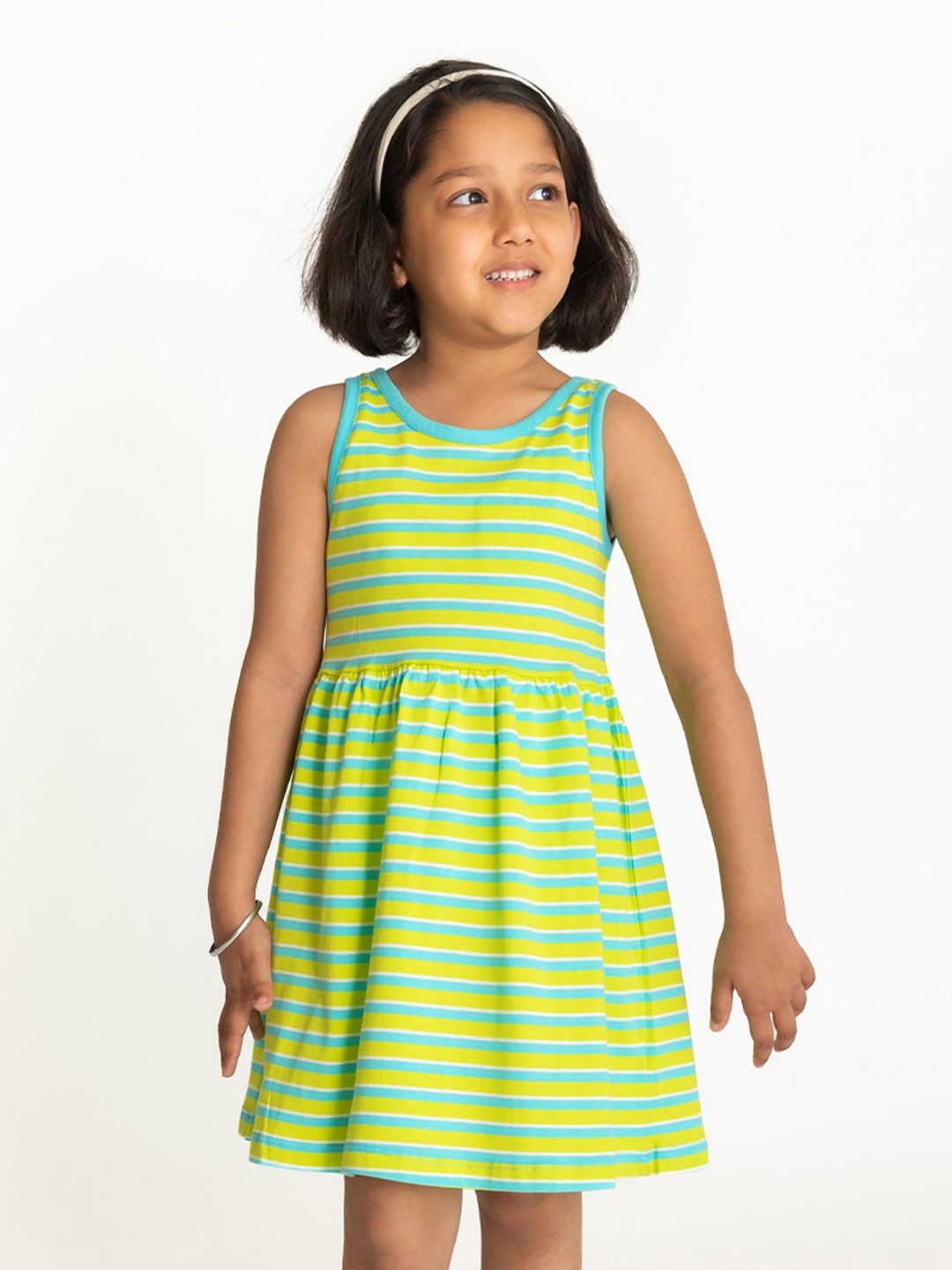 

Campana Girls Striped Sleeveless Cotton Knee Length Fit and Flare Dress, Lime green