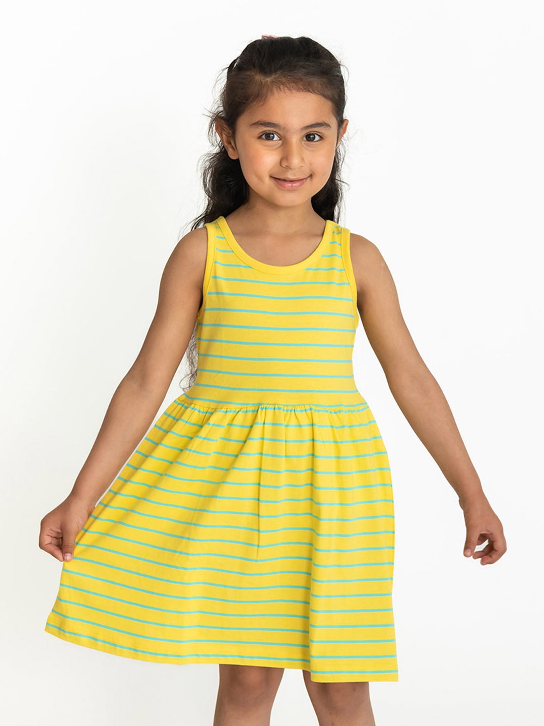 

Campana Girls Striped Round Neck Sleeveless Cotton Fit & Flare Dress Girls Dress, Yellow