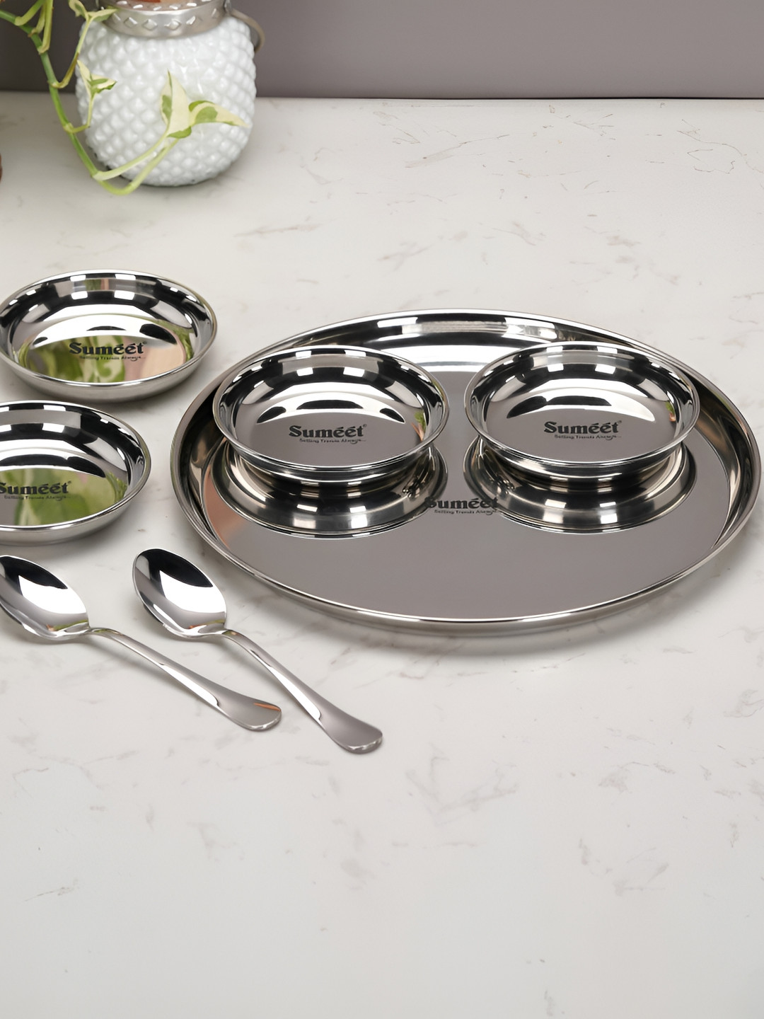 

Sumeet 7 Pieces Stainless Steel Glossy Dinner Set, Silver