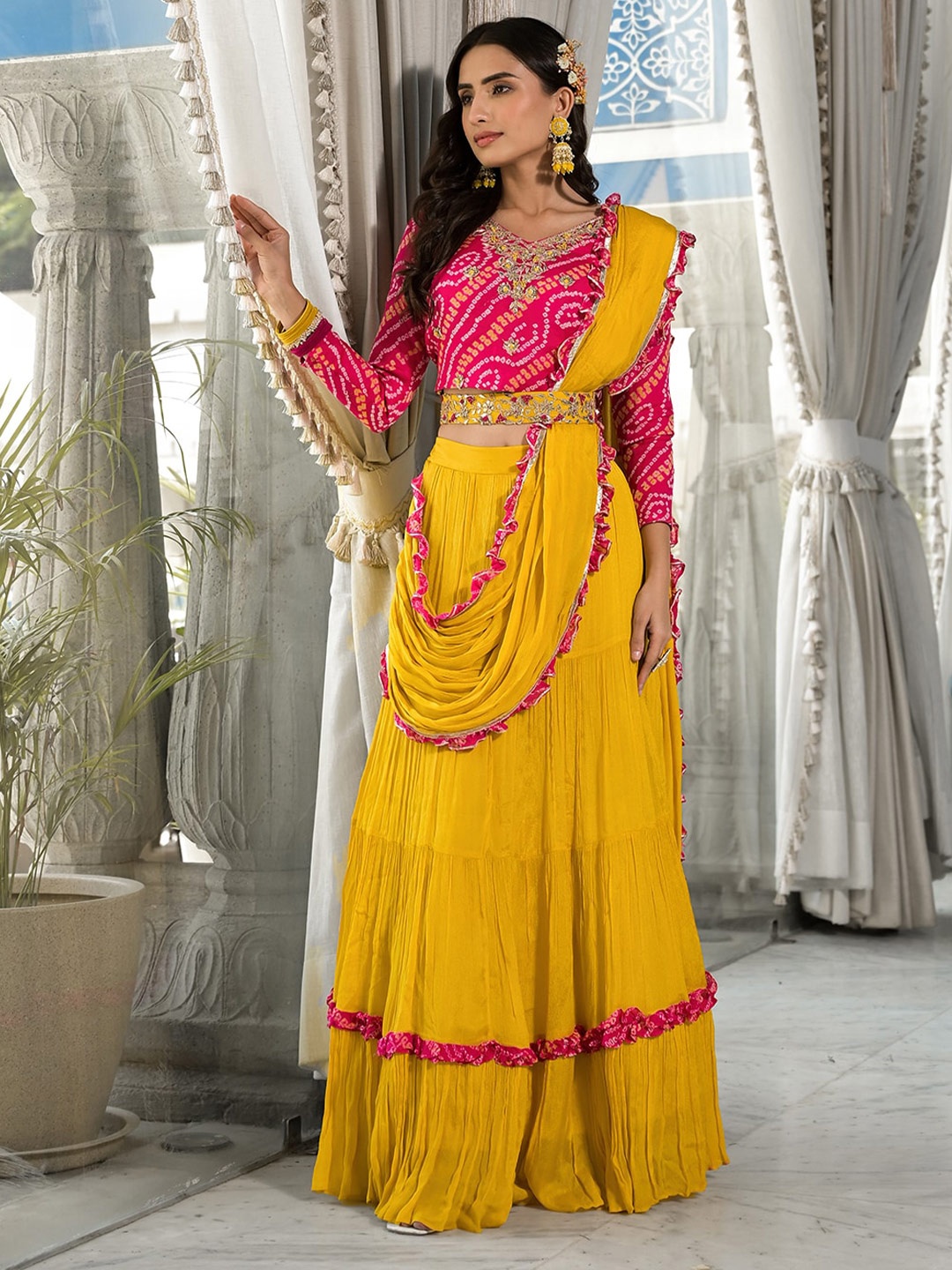 

Chandbaali Embroidered Zardozi Ready to Wear Lehenga & Blouse With Dupatta, Yellow