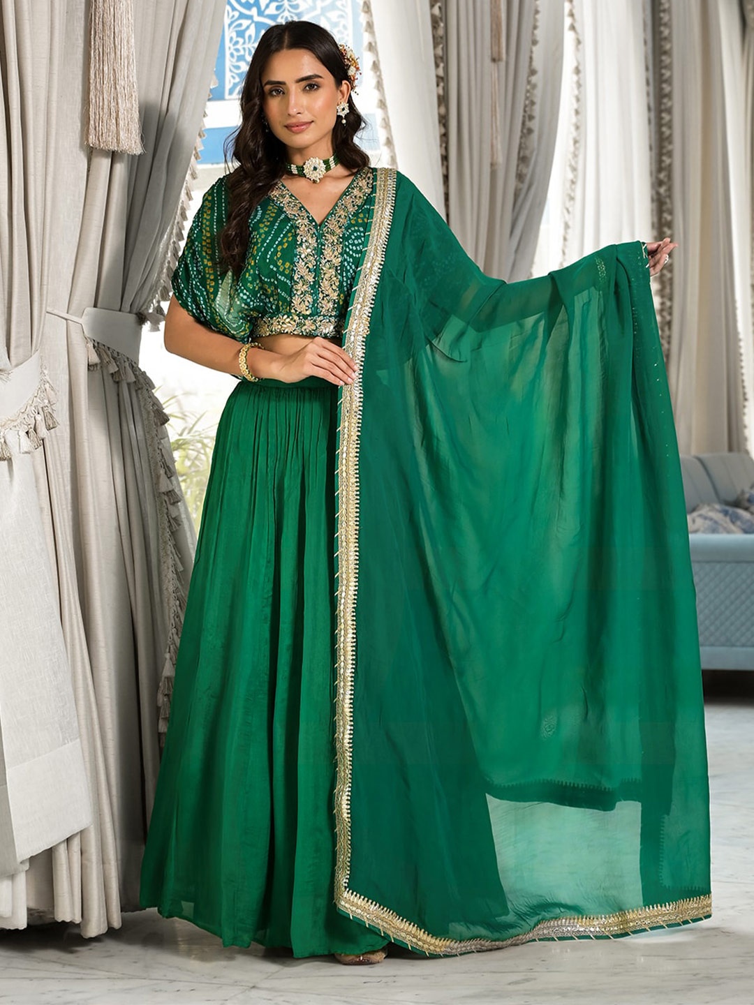 

Chandbaali Embroidered Zardozi Ready to Wear Lehenga & Blouse With Dupatta, Green