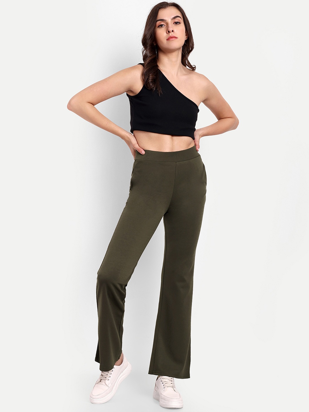 

BROADSTAR Women Smart Flared High-Rise Easy Wash Stretchable Bootcut Trousers, Olive