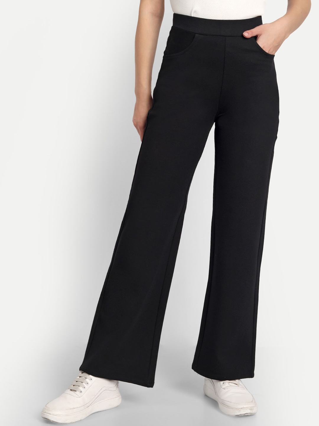 

BROADSTAR Women Smart Straight Fit High-Rise Stretchable Easy Wash Trousers, Black