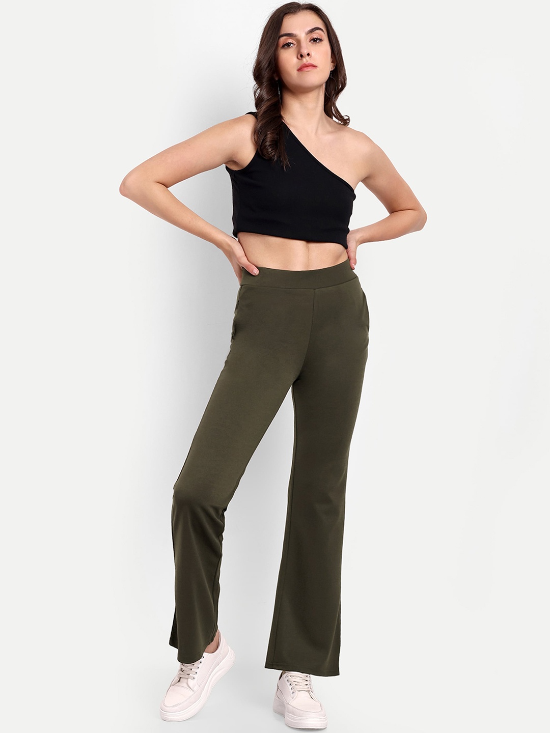 

BROADSTAR Women Smart Flared High-Rise Stretchable Easy Wash Trousers, Olive