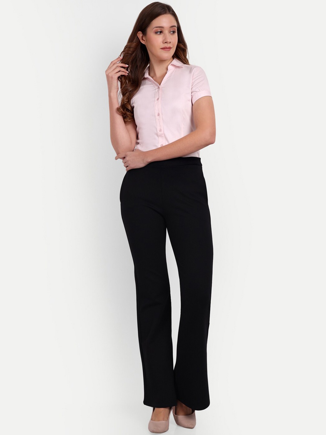 

BROADSTAR Women Smart Flared High-Rise Easy Wash Trousers, Black