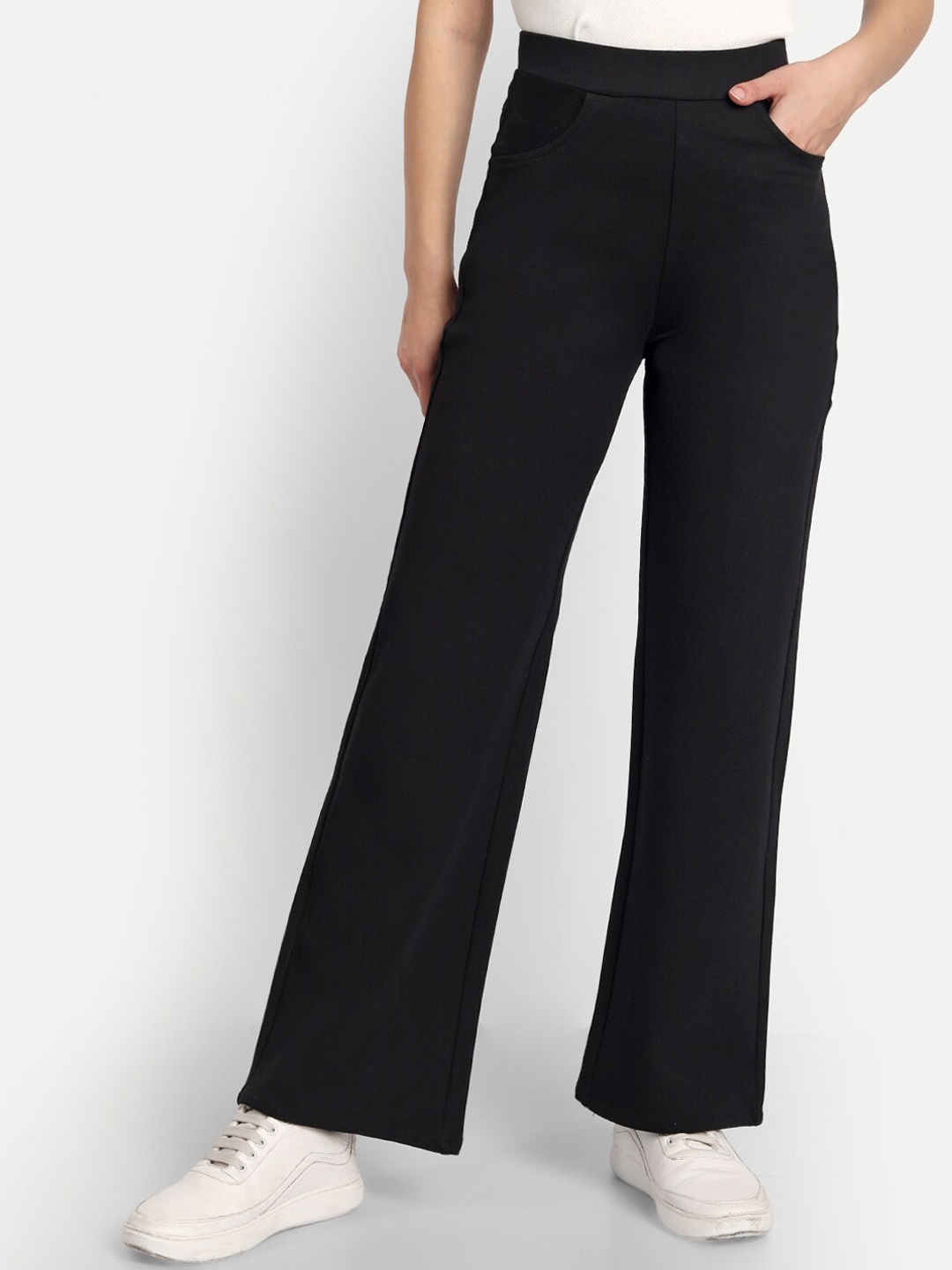 

Next One Women Smart Straight Fit High-Rise Easy Wash Stretchable Parallel Trousers, Black