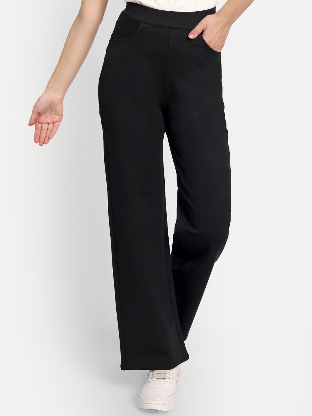 

Next One Women Smart Straight Fit High-Rise Easy Wash Stretchable Trousers, Black