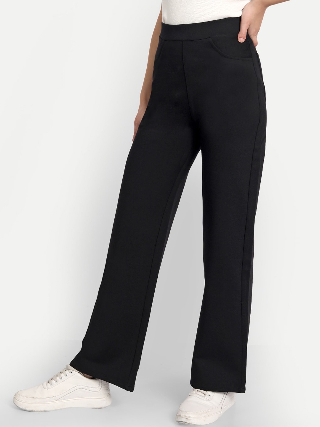 

Next One Women Smart Straight Fit High-Rise Easy Wash Stretchable Trousers, Black