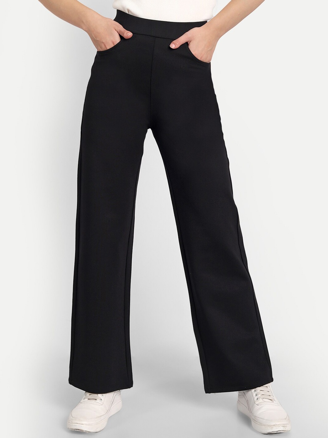 Next One Women Smart Easy Wash Straight Fit High-Rise Trousers, Black