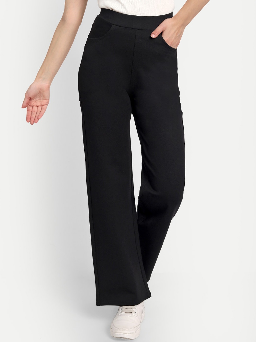 

Next One Women Smart Straight Fit High-Rise Easy Wash Stretchable Trousers, Black