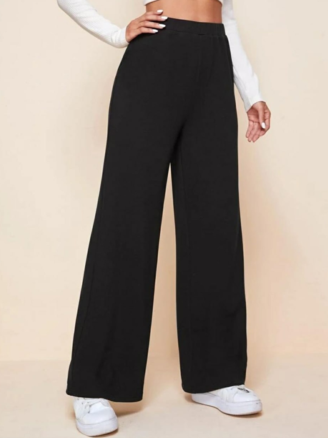 

Next One Women Smart Straight Fit High-Rise Easy Wash Stretchable Parallel Trousers, Black