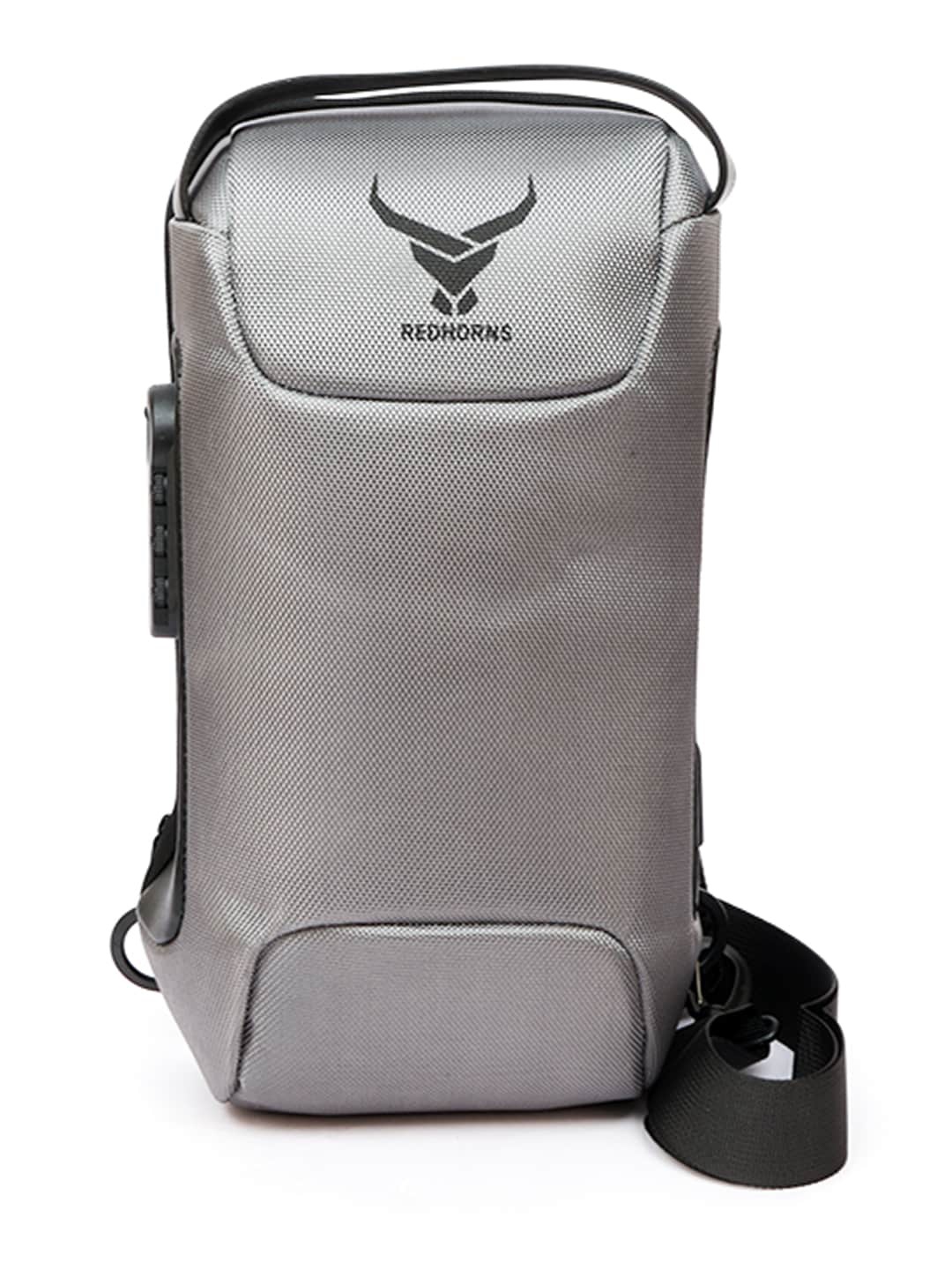 

REDHORNS Unisex Brand Logo Crossbody Backpack With USB Charging Port, Grey