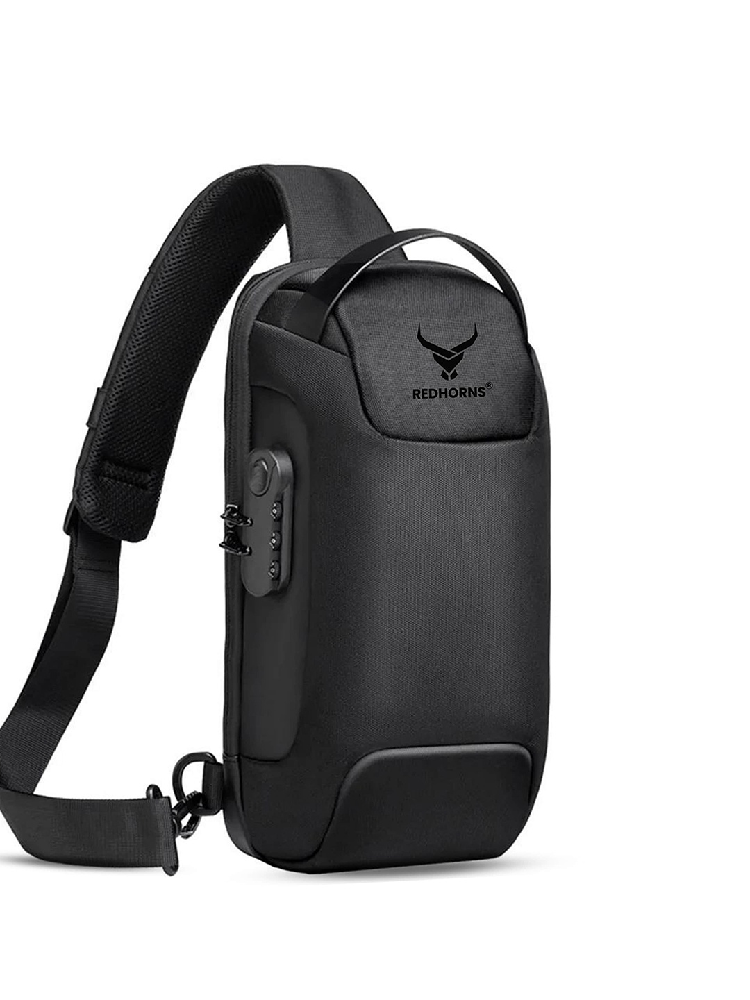 

REDHORNS Unisex Brand Logo Canvas Backpack with USB Charging Port, Black