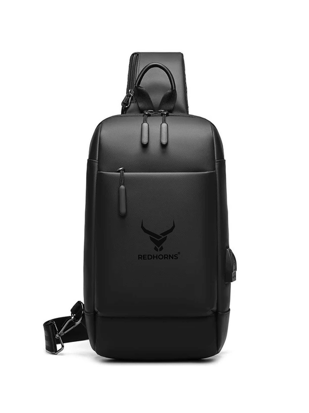 

REDHORNS Unisex Brand Logo Backpack With USB Charging Port, Black
