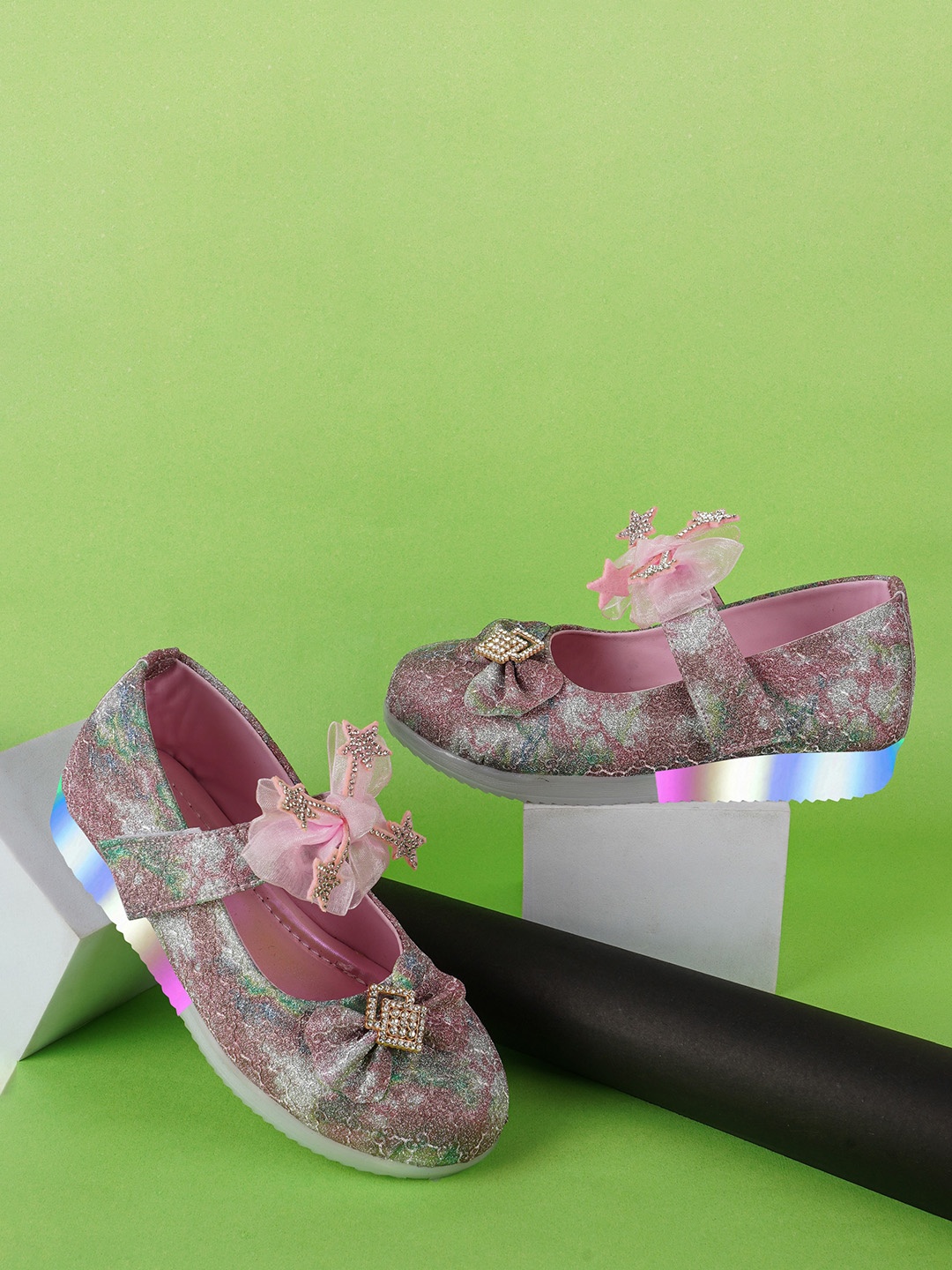 

BAESD Girls Printed Anti Skid Bow Detailed LED Ballerinas, Pink