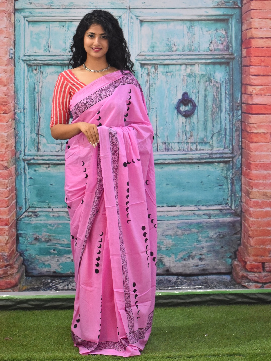 

JALTHER Pure Cotton Block Print Saree, Pink