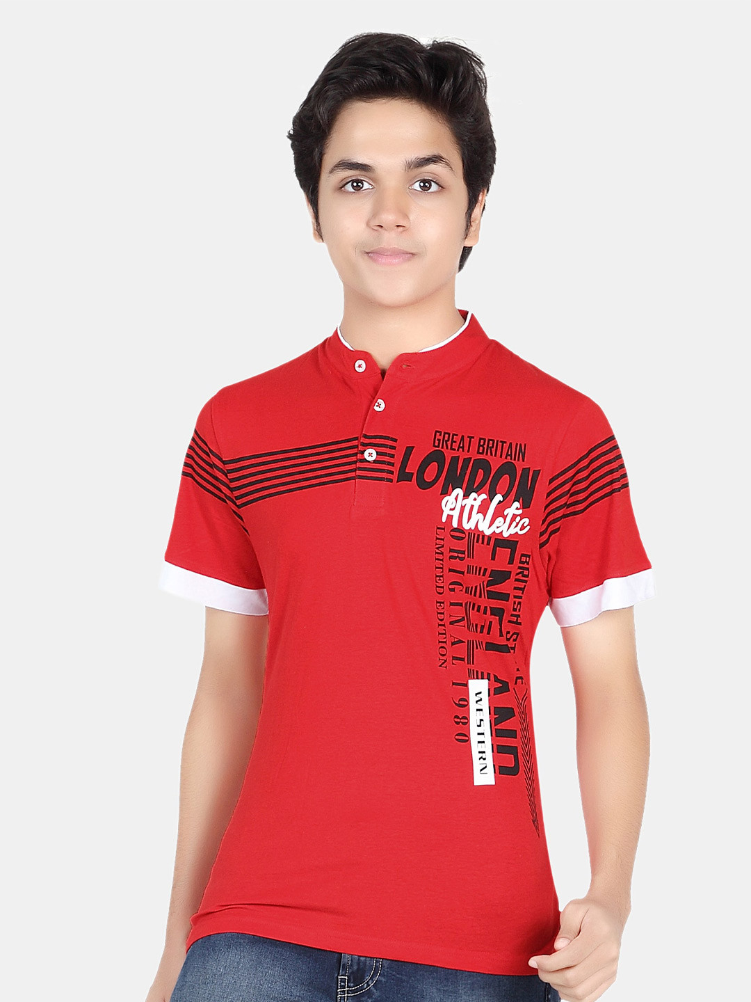 

BAESD Boys Typography Printed Band Collar T-shirt, Red