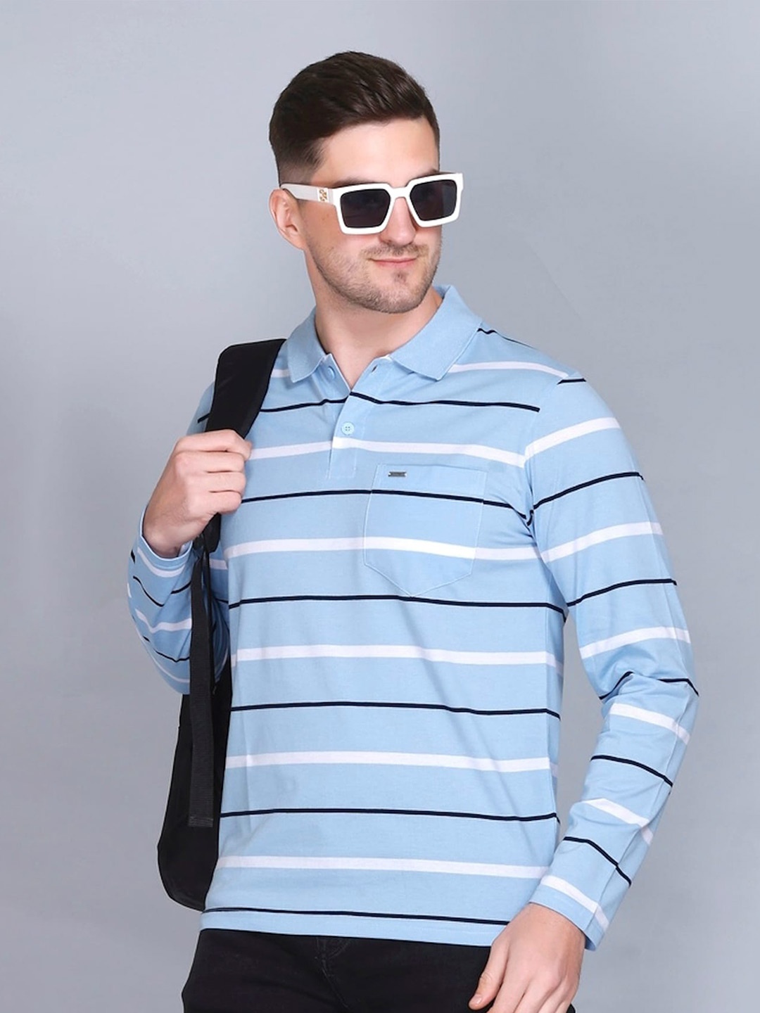 

GODFREY Striped Polo Collar T-shirt, Blue