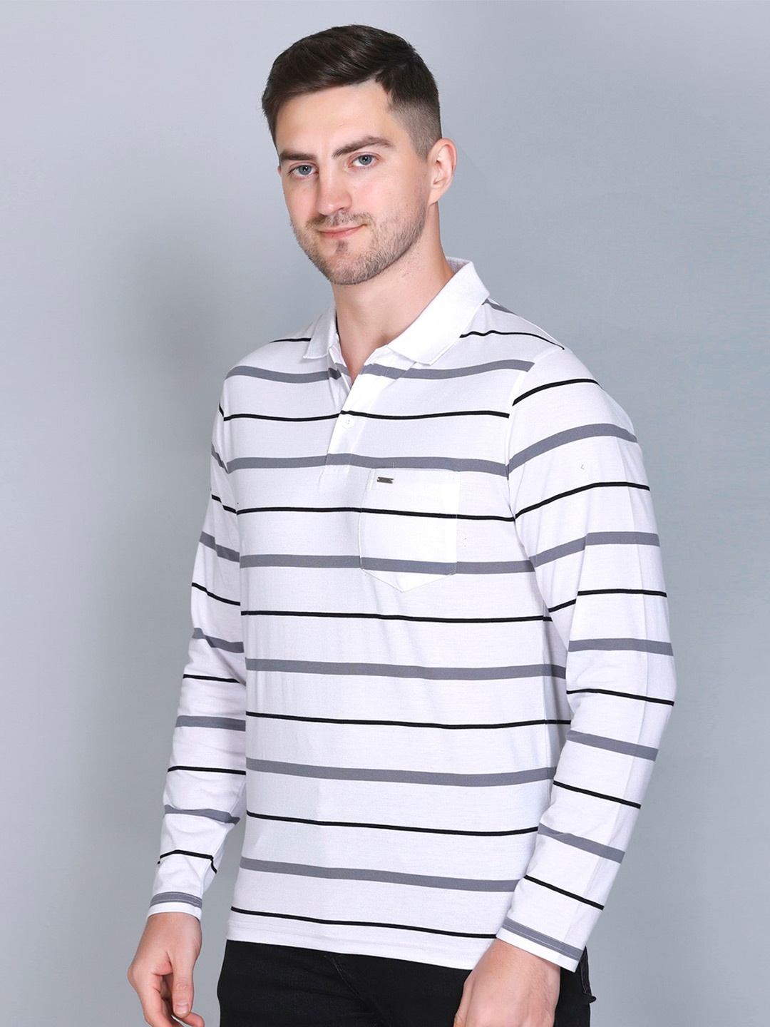 

GODFREY Striped Polo Collar T-shirt, White