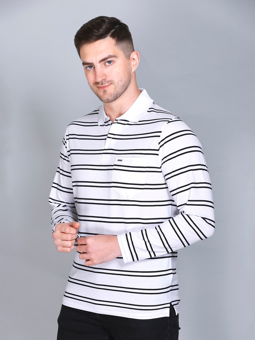 

GODFREY Striped Polo Collar T-shirt, White