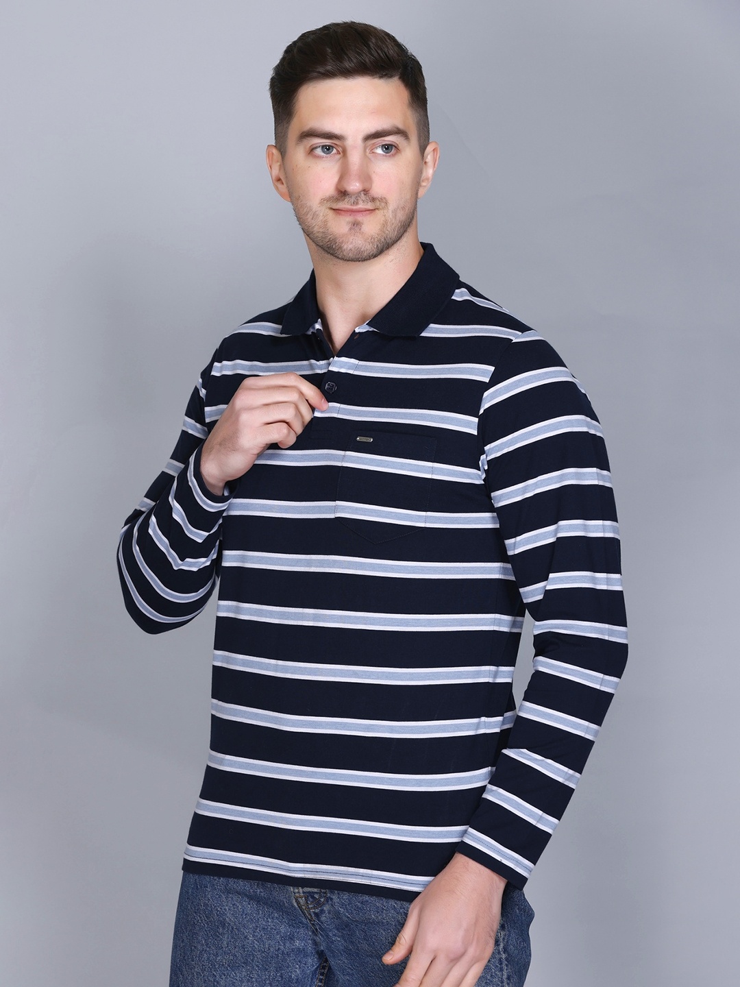 

GODFREY Striped Polo Collar T-shirt, Navy blue