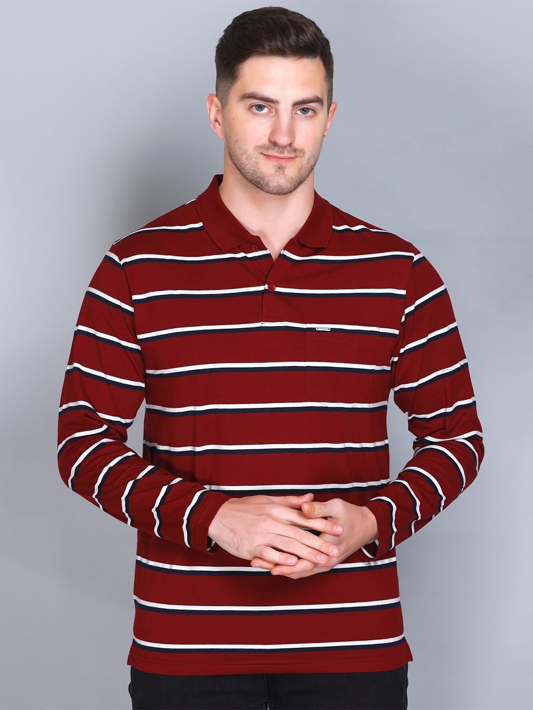 

GODFREY Striped Polo Collar T-shirt, Maroon