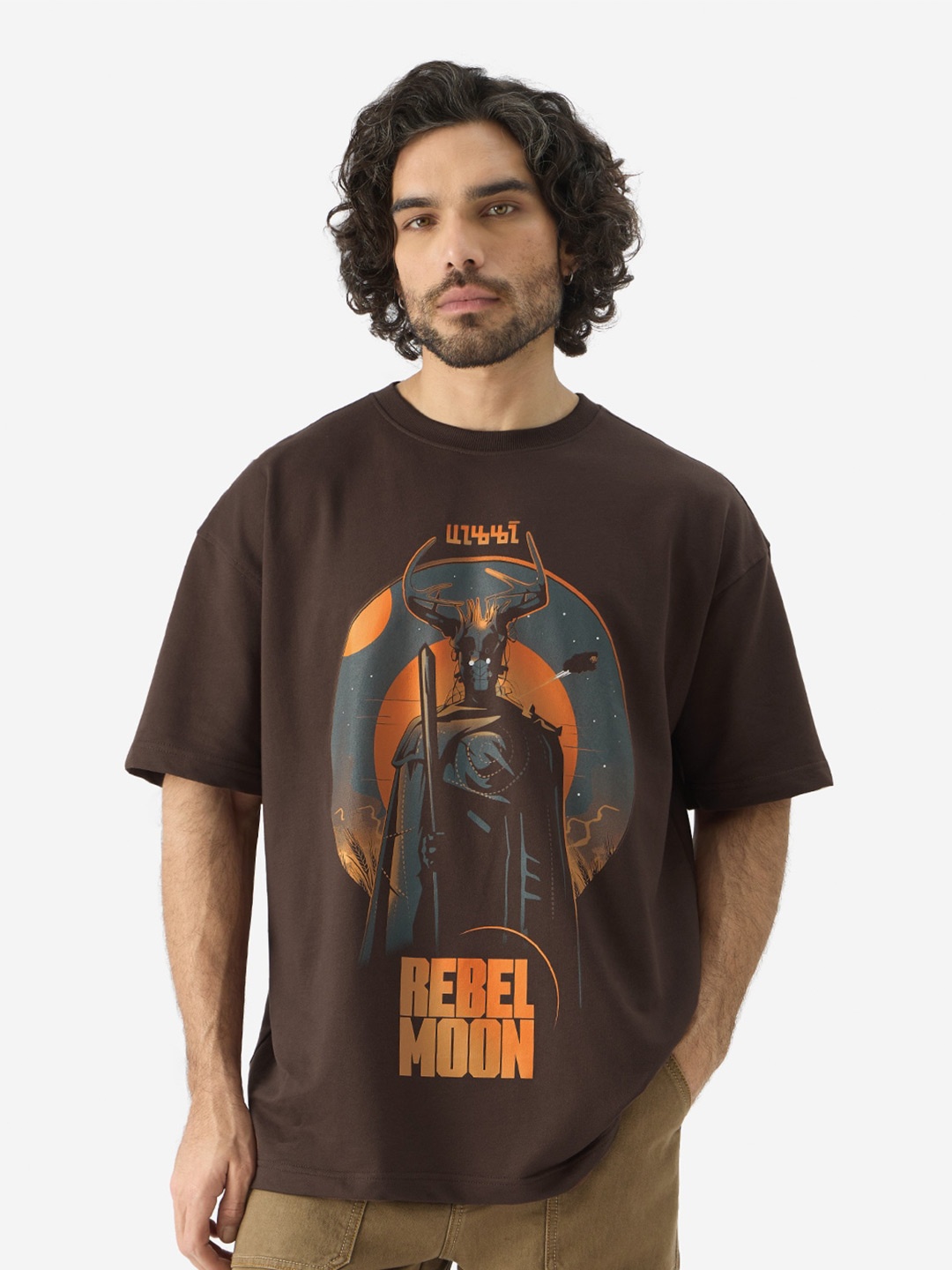 

The Souled Store Brown Graphic Printed Drop-Shoulder Sleeves Oversized Pure Cotton T-shirt