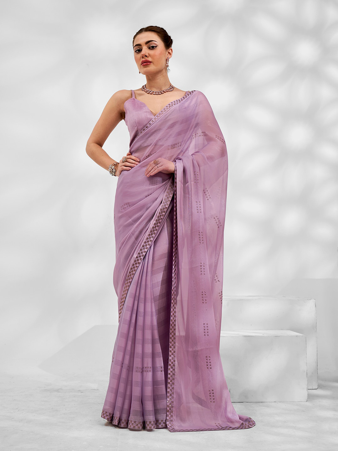 

Mitera Embellished Beads And Stones Embellished Pure Chiffon Saree, Lavender
