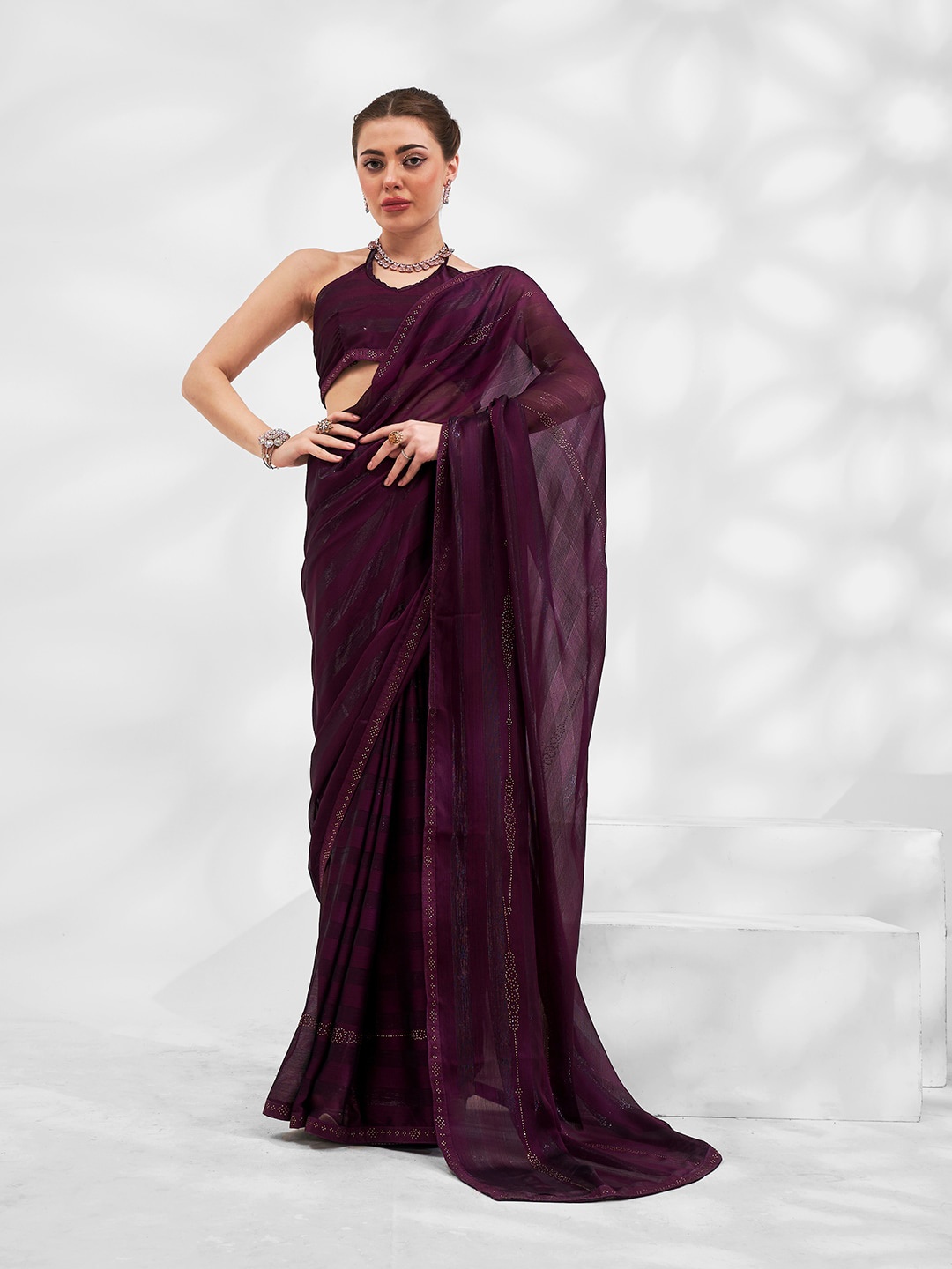 

Mitera Striped Beads And Stones Embellished Pure Chiffon Saree, Purple