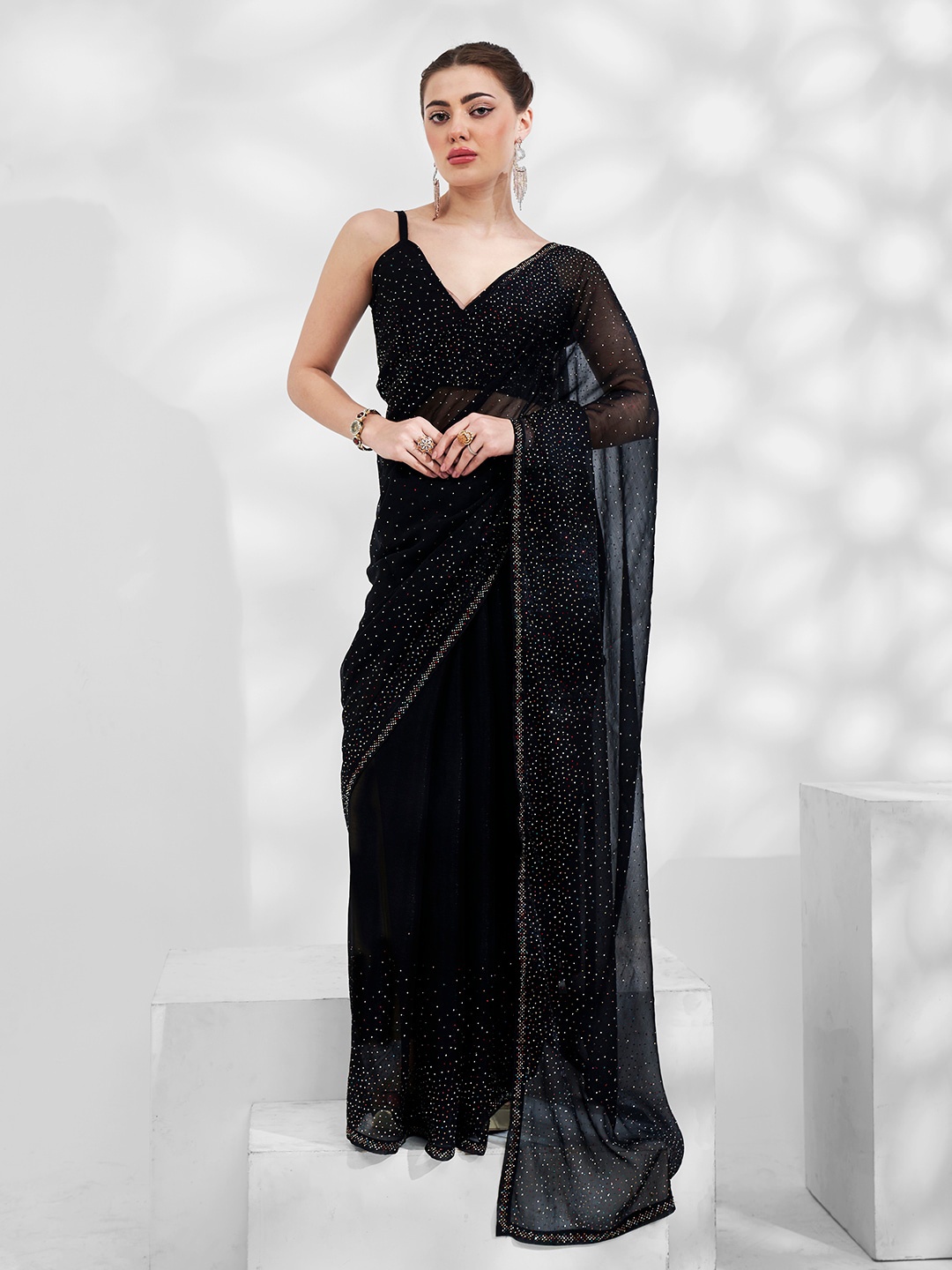 

Mitera Embellished Beads And Stones Embellished Pure Chiffon Saree, Black