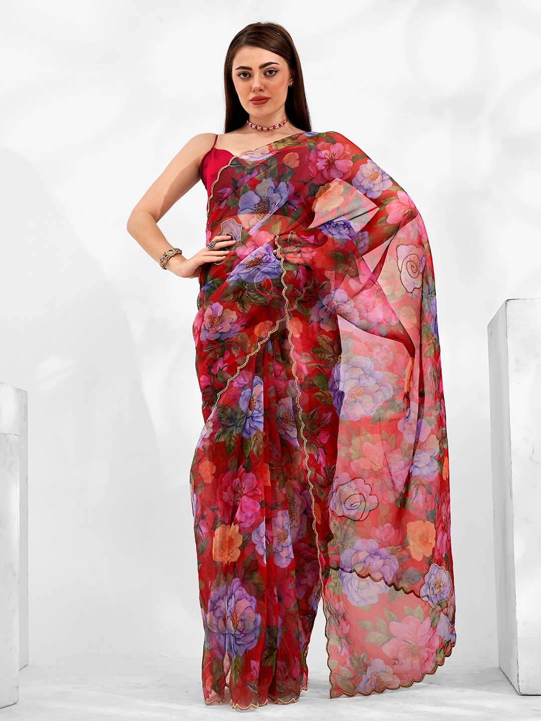 

Mitera Floral Printed Beads And Stones Embellished Organza Saree, Red