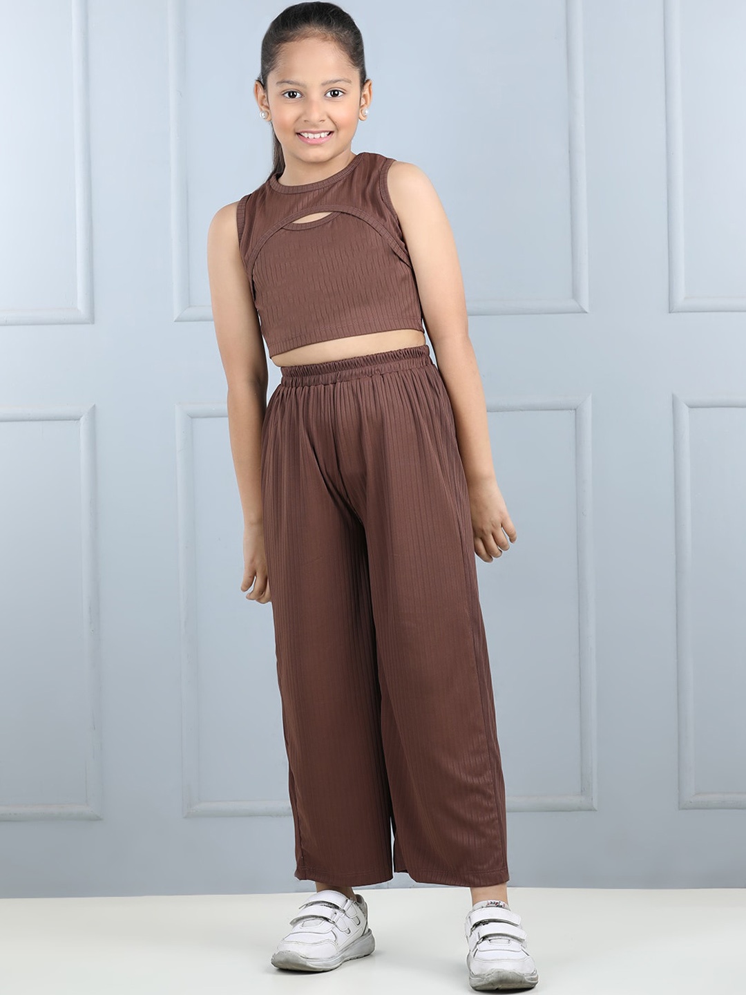 

AWW HUNNIE Girls Self-Design Cut Out Crop Top With Palazzo, Brown