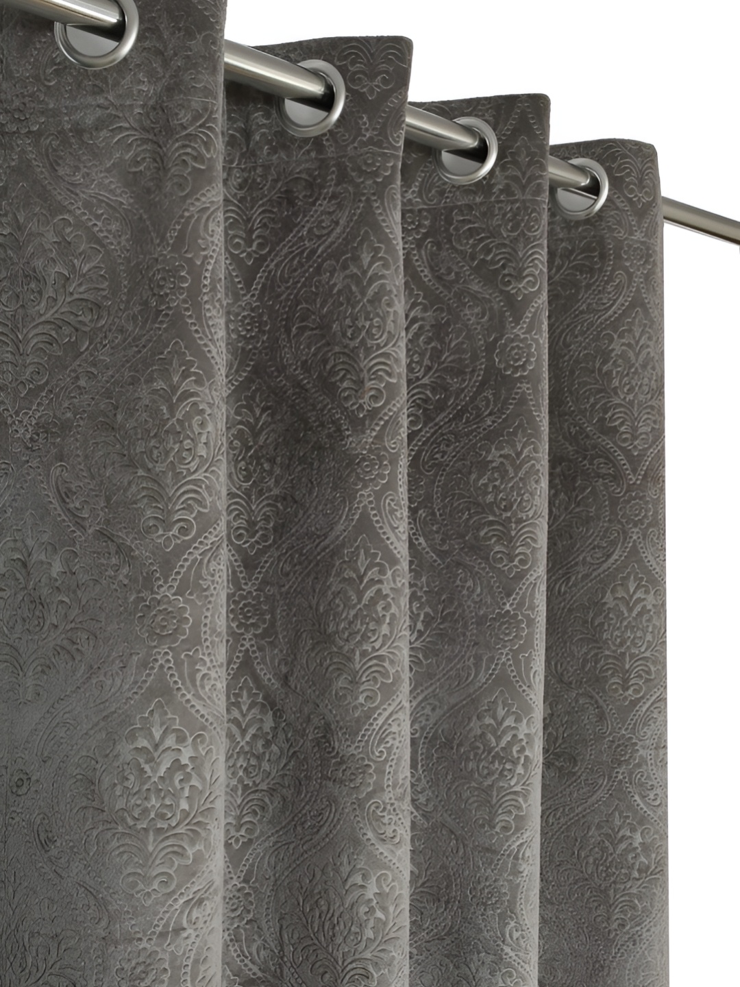 

fabrilia Grey 2 Pieces Ethnic Motifs Printed Room Darkening Velvet Window Curtains