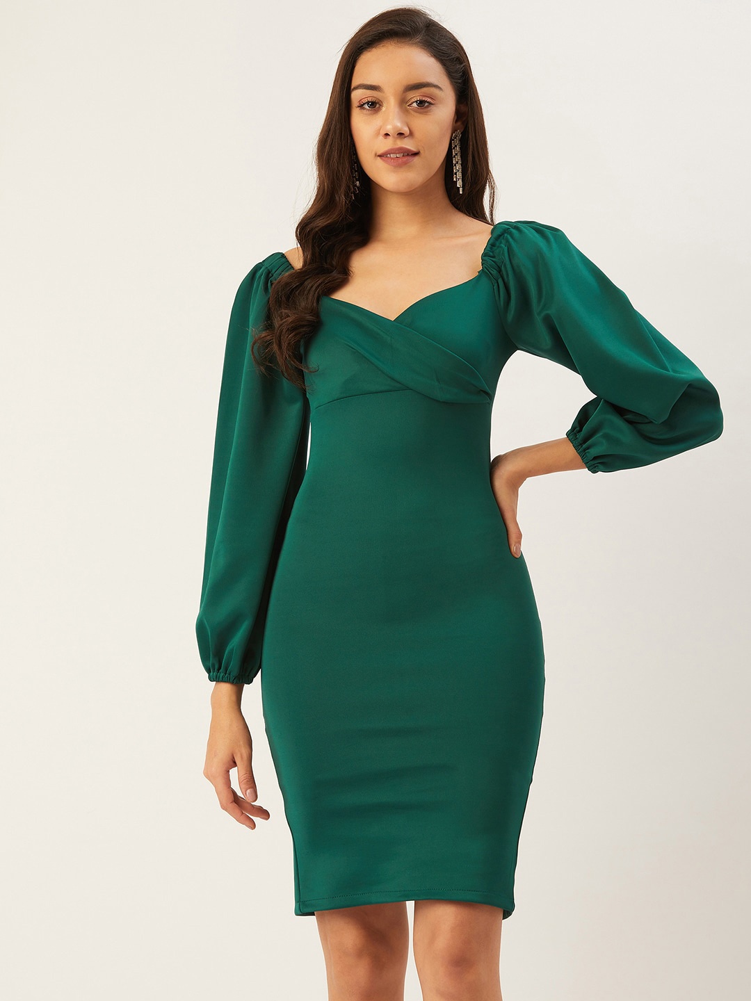 

ANVI Be Yourself Sweetheart Neck Puff Sleeve Scuba Bodycon Dress, Green