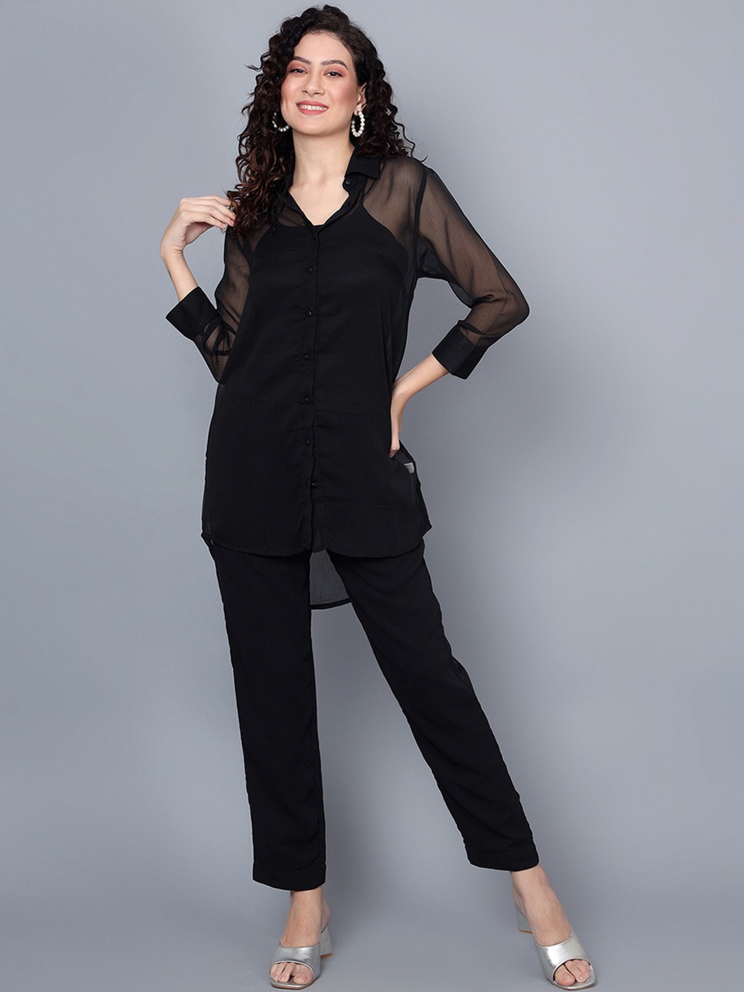 

ANVI Be Yourself Three-Quarter Sleeves Shirt & Flared Trouser With Camisole, Black