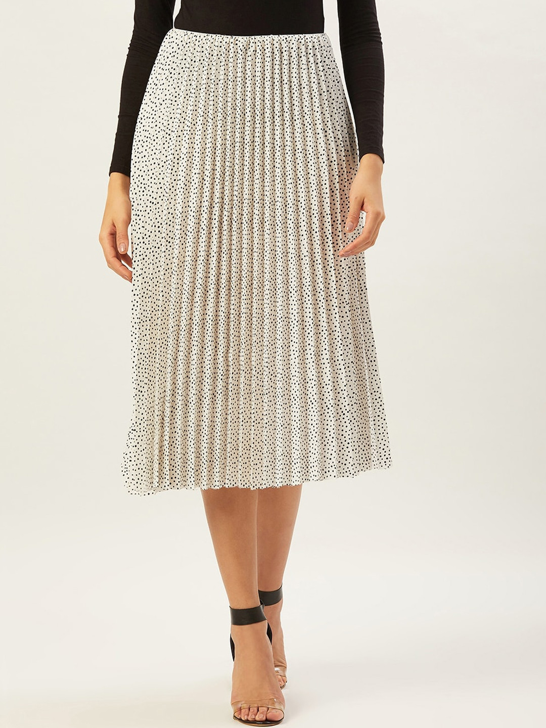 

ANVI Be Yourself Micro Dot Printed Accordion Pleats Flared Midi Skirt, White