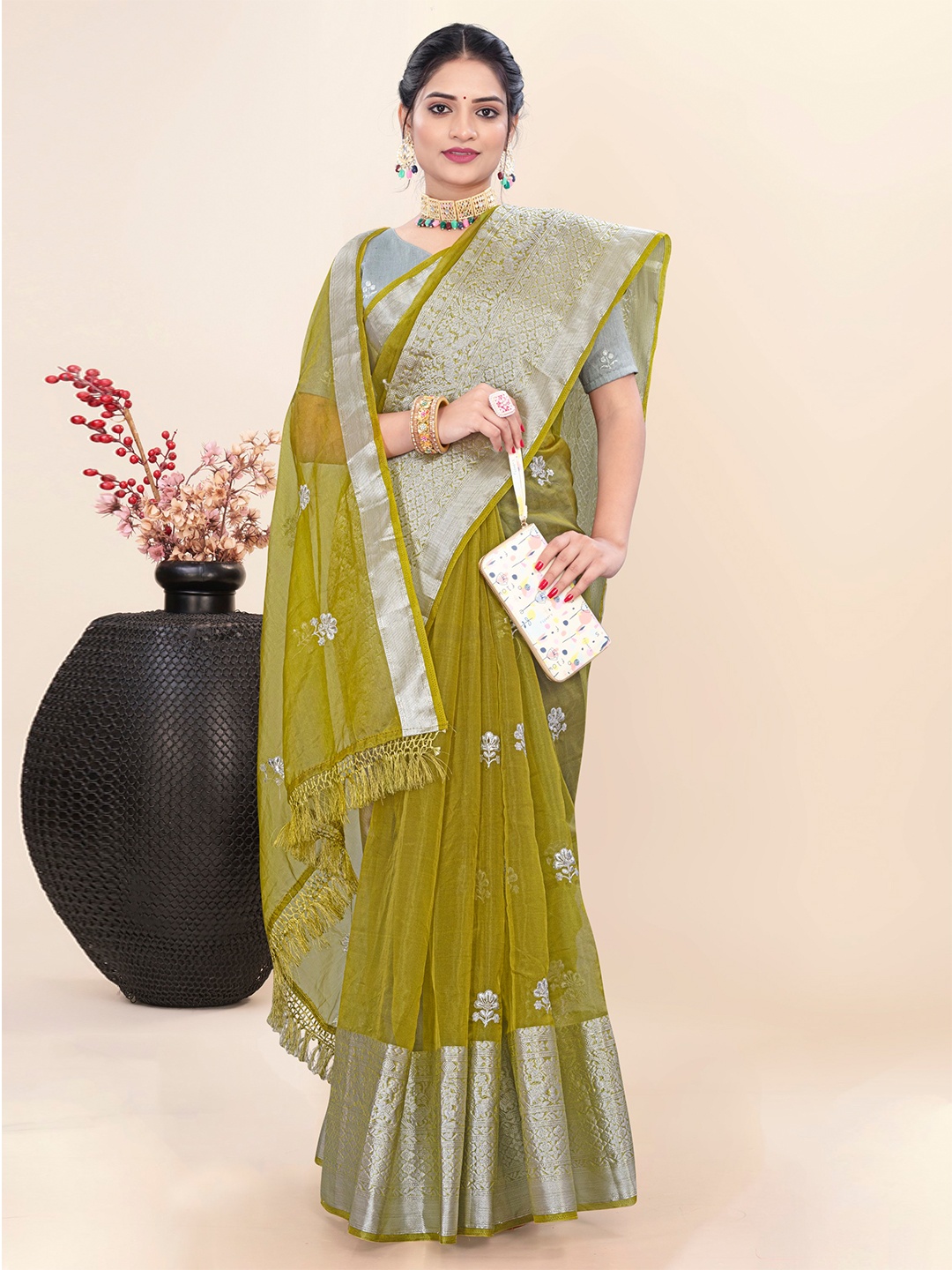 

Celeb Styles Ethnic Motifs Woven Design Zari Organza Kanjeevaram Saree, Olive