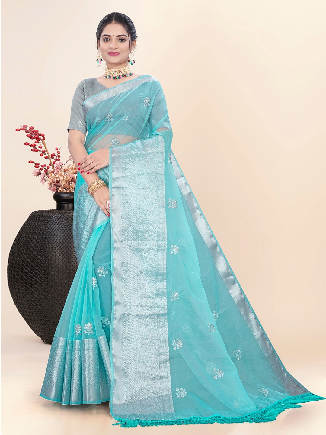

Celeb Styles Ethnic Motifs Zari Organza Kanjeevaram Saree, Turquoise blue