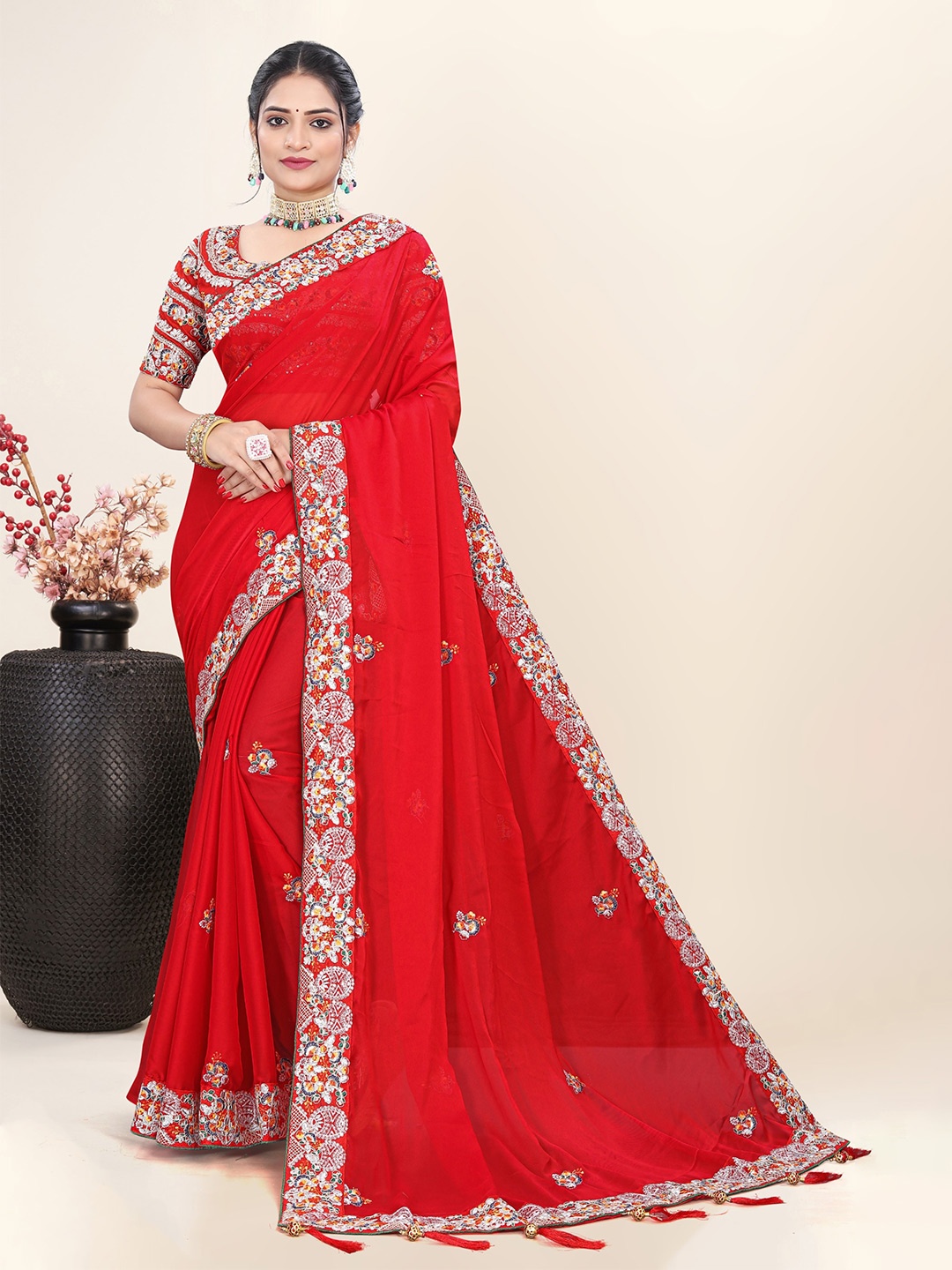 

Celeb Styles Floral Embroidered Tassels Saree, Red