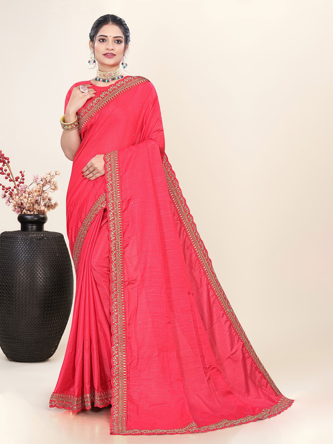 

Celeb Styles Sequinned Embellished Saree, Pink