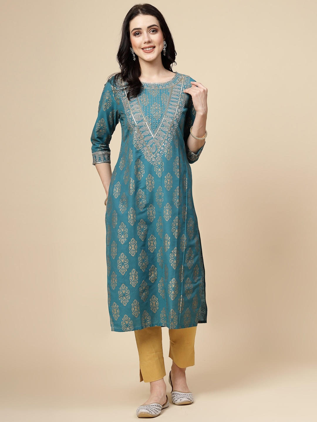 

Sangria Ethnic Motifs Embroidered Sequinned A-Line Kurta, Teal