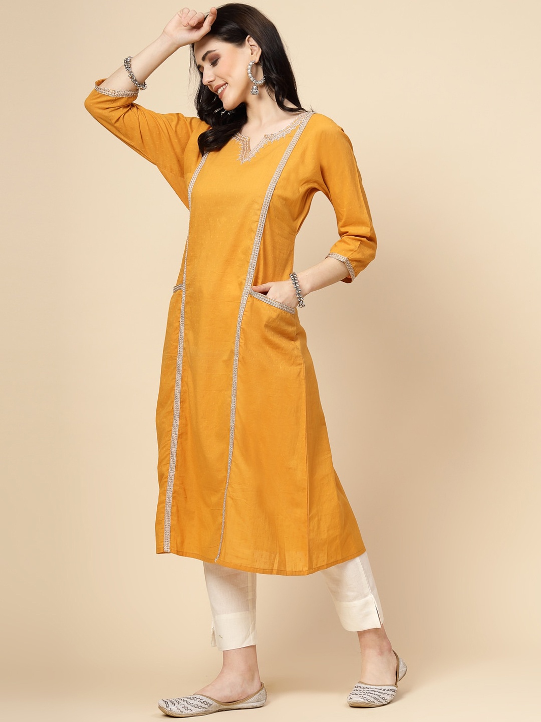 

Sangria Floral Embroidered Zari Cotton A-Line Kurta, Mustard